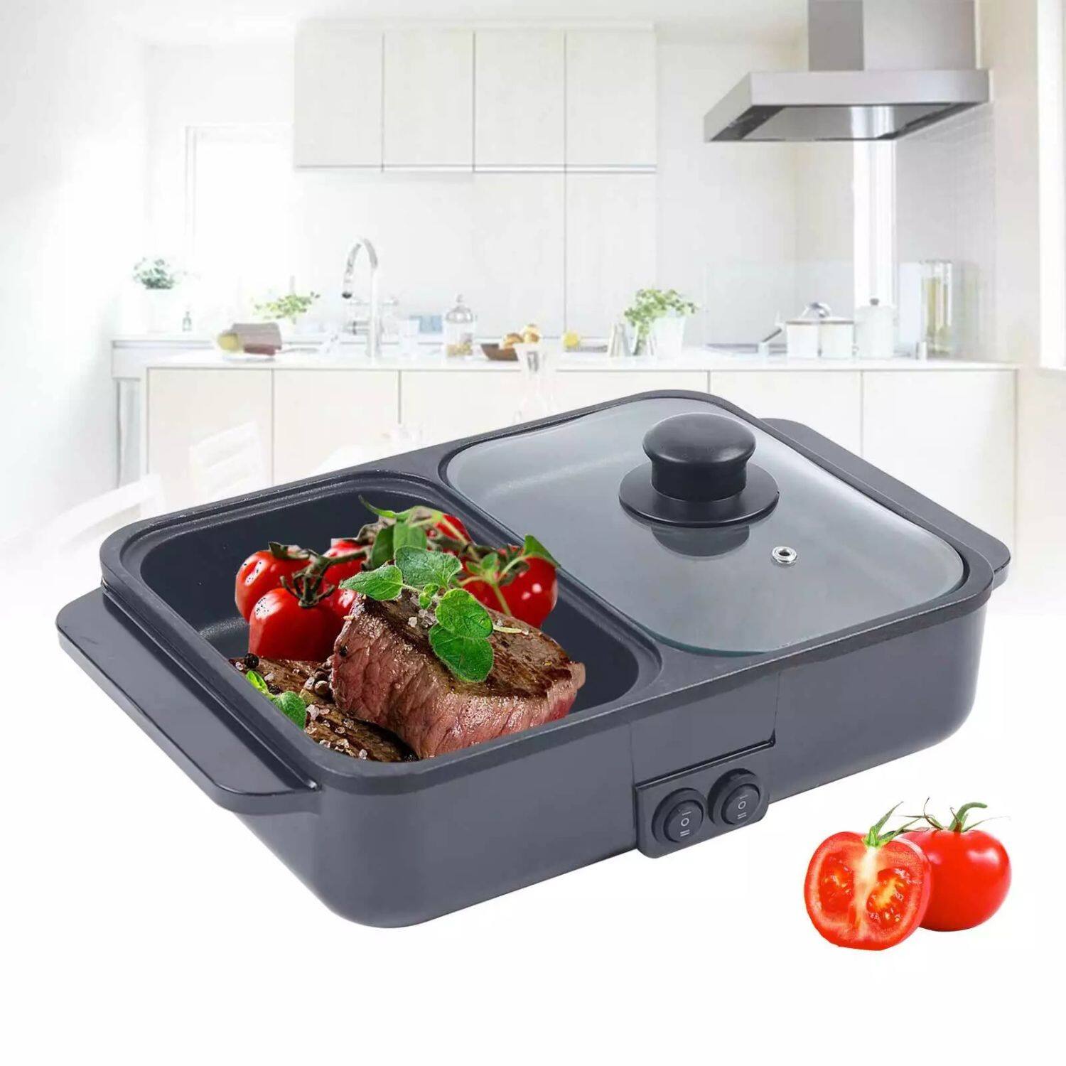Alt View 2. Home Collection - Mini 2-in-1 Electric Hot Pot & BBQ Grill Smokeless Shabu Cooking Pan 1200W - Black / Silver.