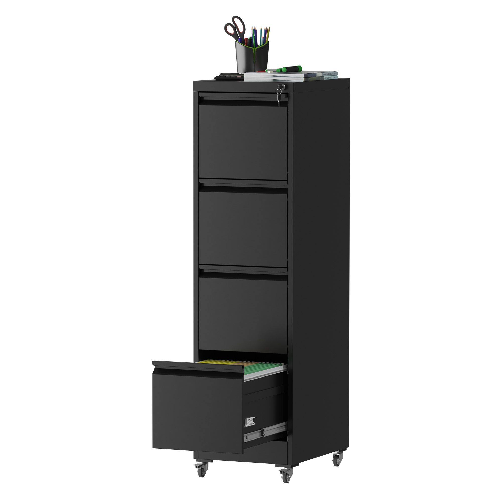 Back. Mirfee - 4-Drawer Locking Vertical File Cabinet on Wheels, Heavy-Duty - Black.