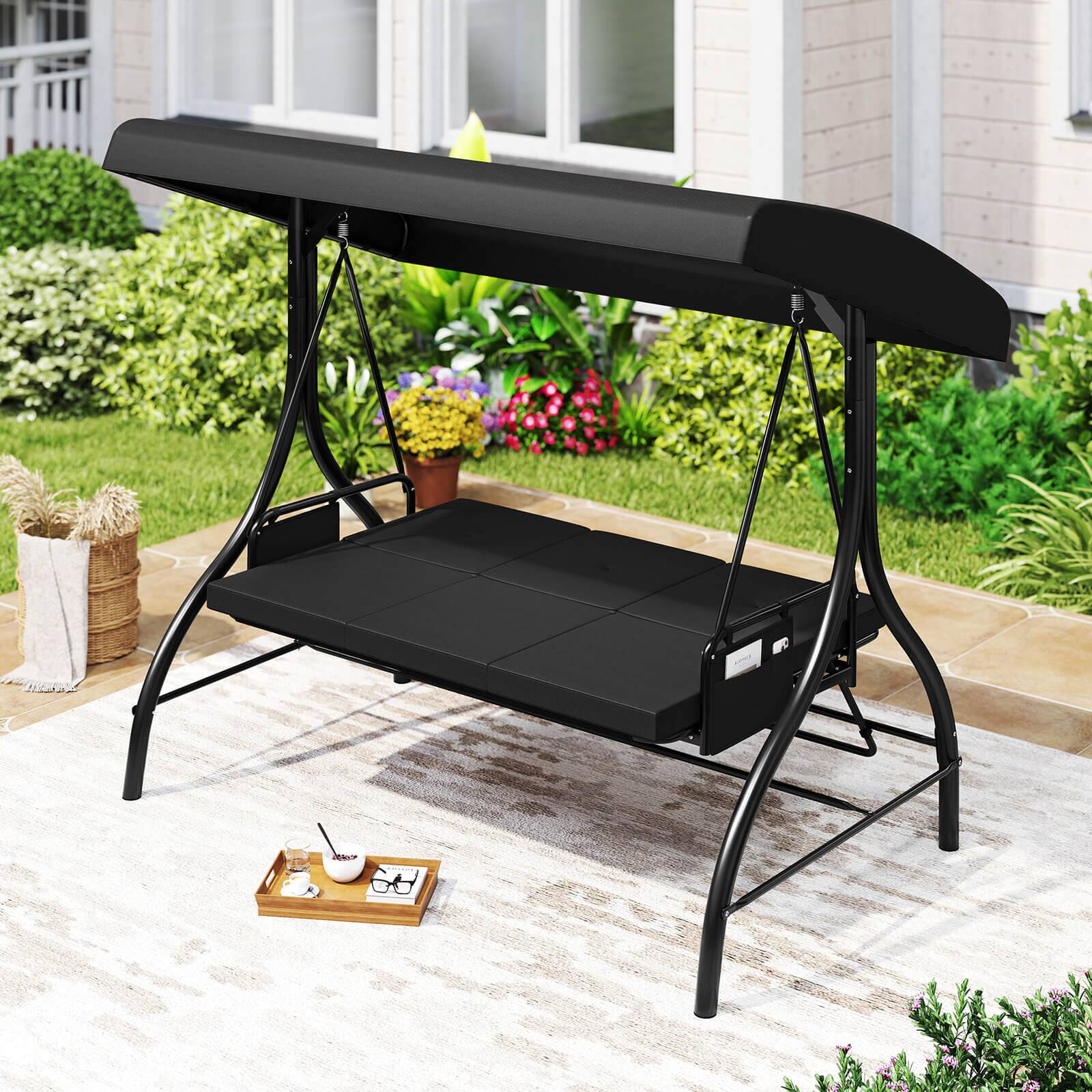 Alt View 4. Costway - Costway 3-Seat Patio Swing with Canopy with Removable Cushions & Side Pockets Stand - Black.