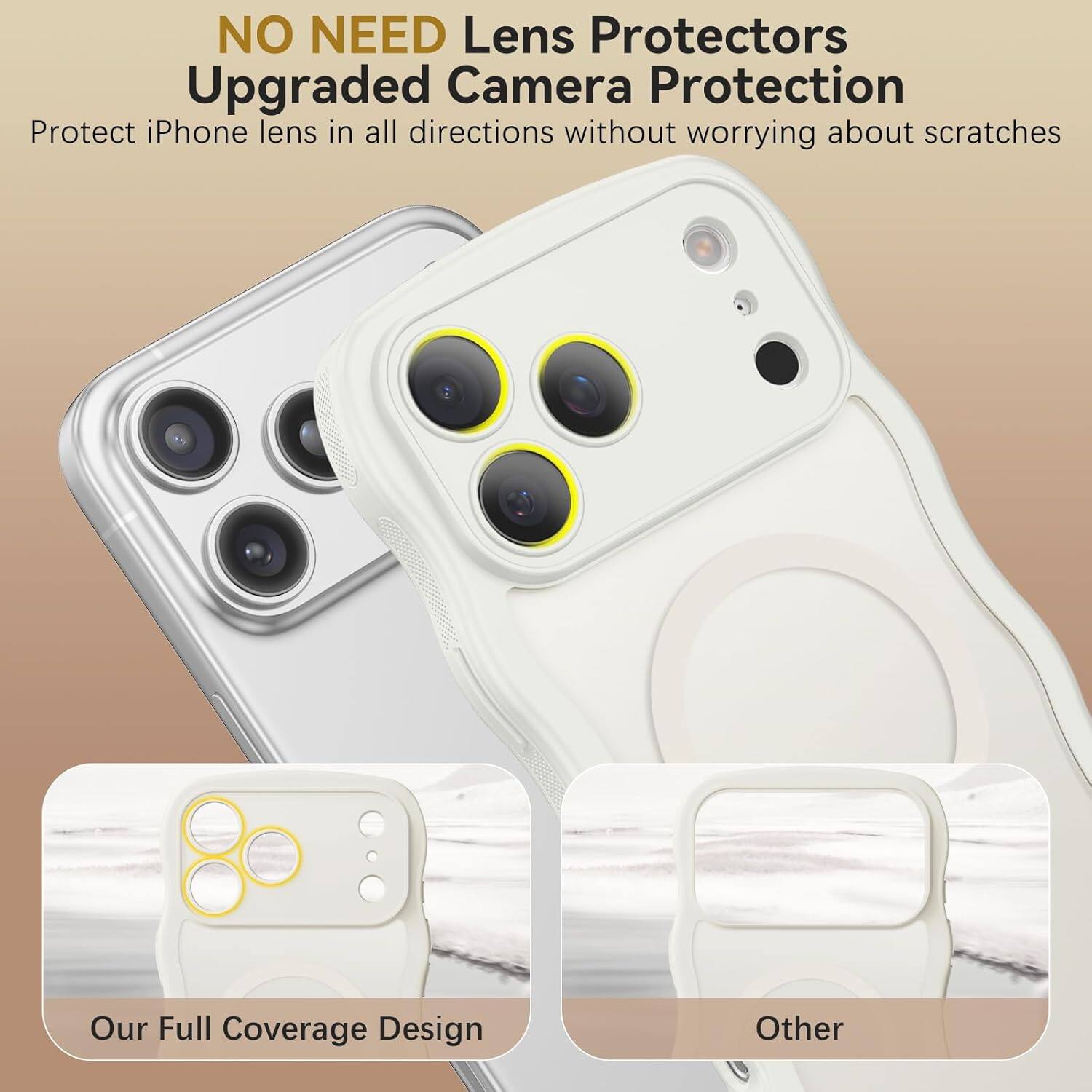 NO NEED Lens Protectors  
Upgraded Camera Protection  
Protect iPhone lens in all directions without worrying about scratches  

Our Full Coverage Design  
Other