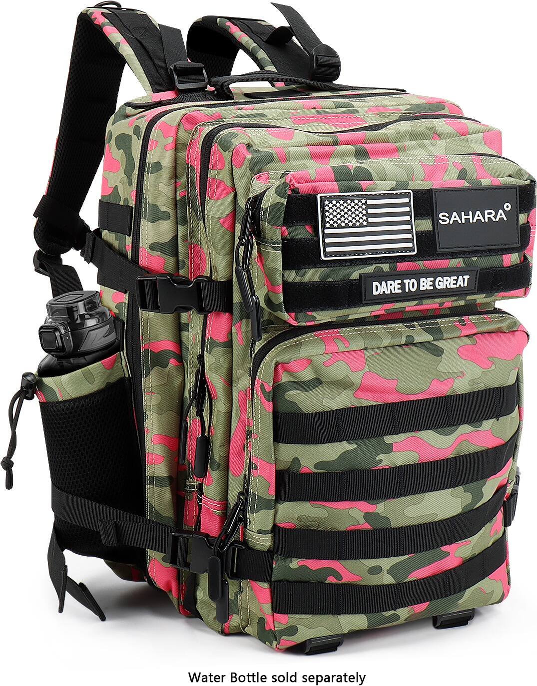 The image features a pink and green camouflage backpack with a water bottle attached to it. The backpack is made by Sahara and has a patriotic theme. The water bottle is sold separately and can be attached to the backpack for convenience.