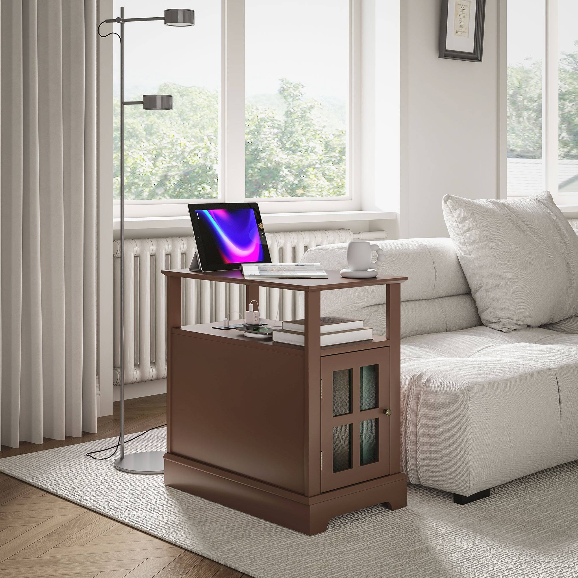 Alt View 1. Homcom - Side Table End Table with Charging Station, USB Ports - Brown.