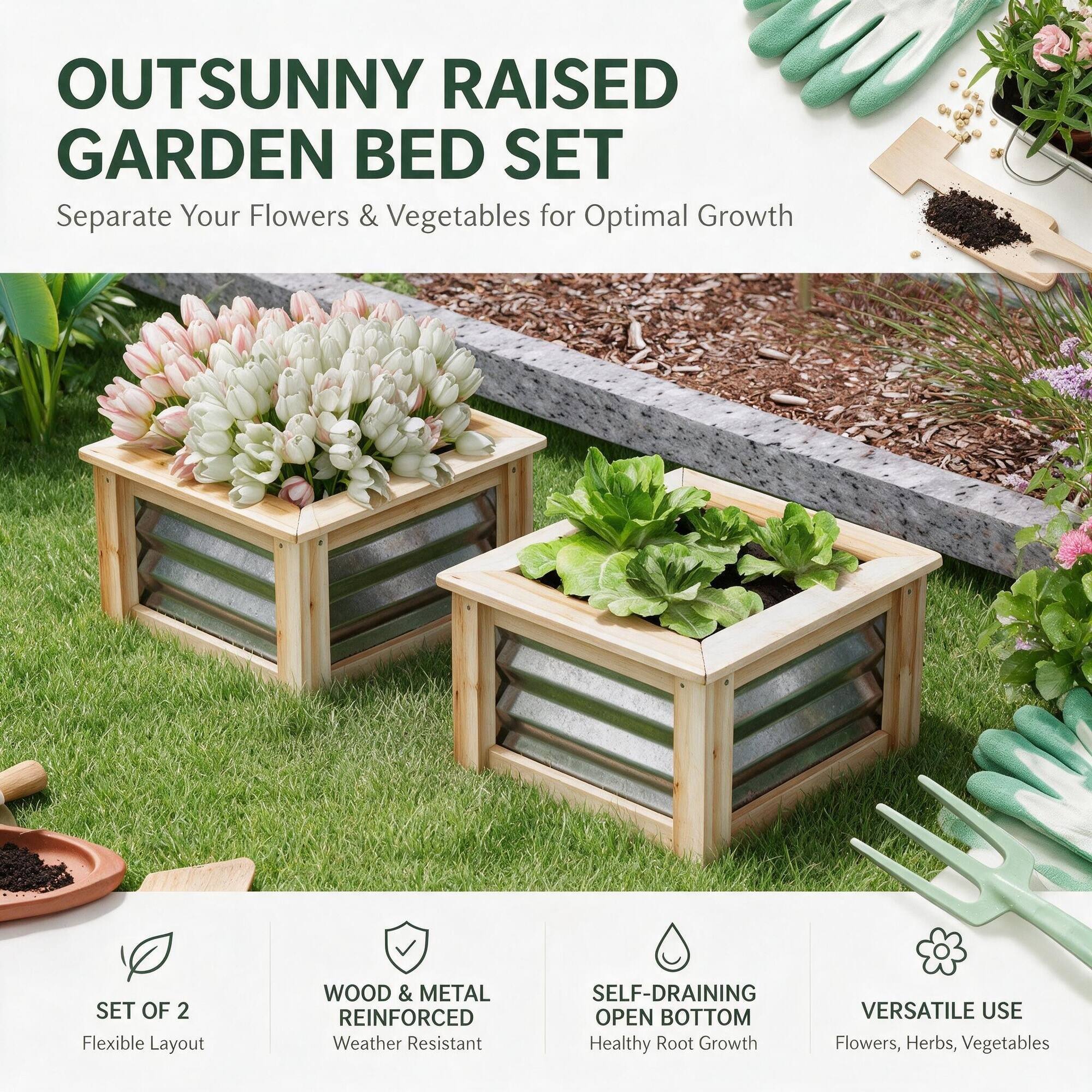 OUTSUNNY RAISED GARDEN BED SET  
Separate Your Flowers & Vegetables for Optimal Growth

SET OF 2  
Flexible Layout

WOOD & METAL REINFORCED  
Weather Resistant

SELF-DRAINING OPEN BOTTOM  
Healthy Root Growth

VERSATILE USE  
Flowers, Herbs, Vegetables