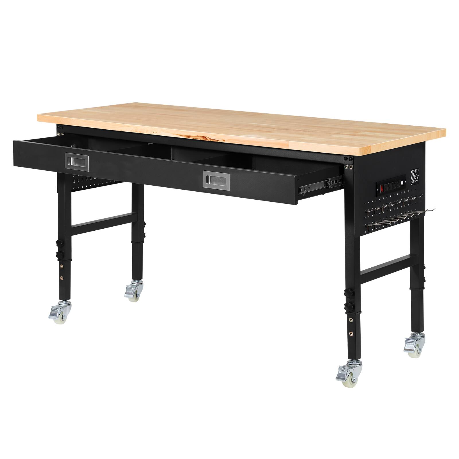 Alt View 5. VEVOR - 60-inch Adjustable Workbench, 1500 lbs Load Capacity, Garage Workbench with Drawer, Power Outlet, Wheels, and Pegboard - Beige + Black.