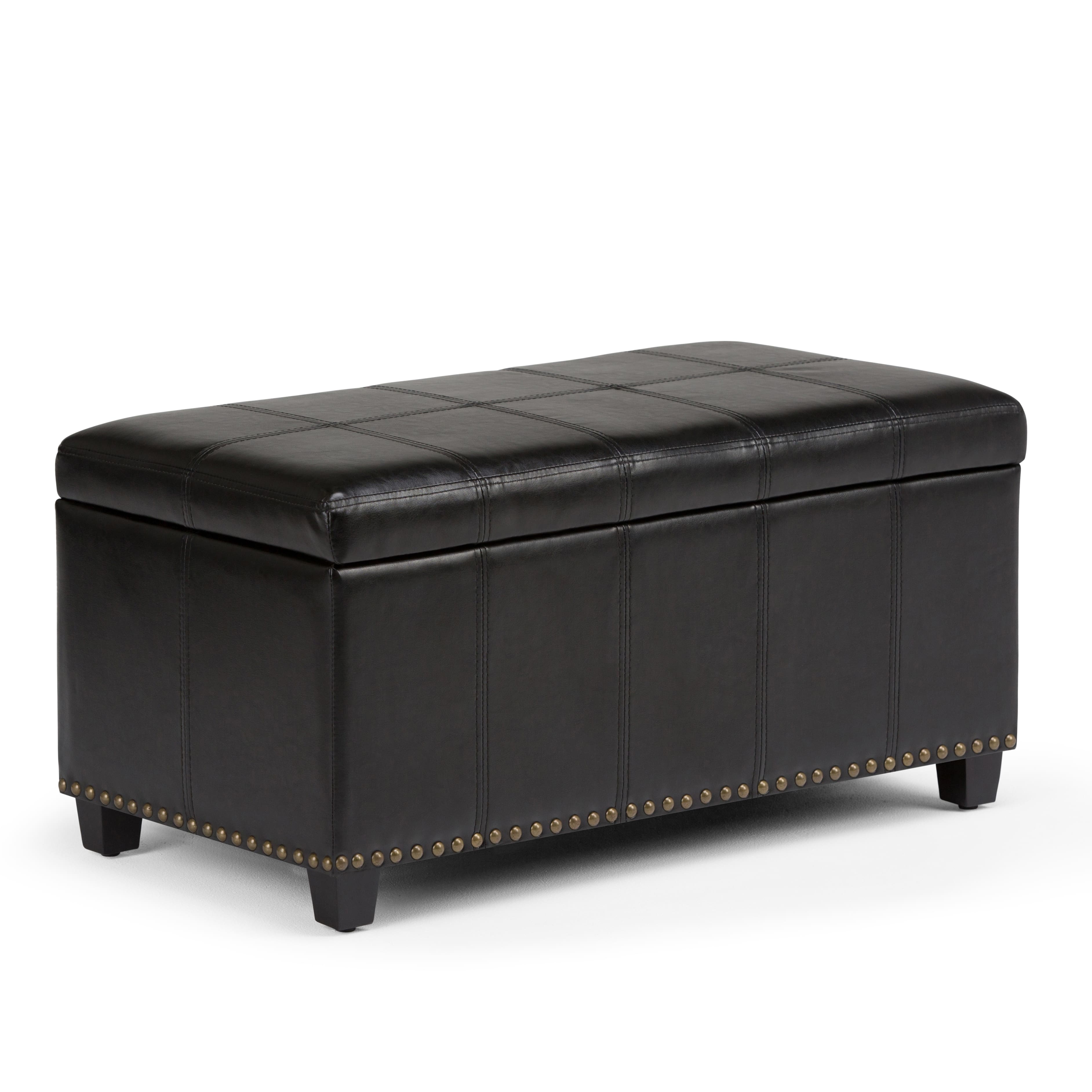 Angle. Simpli Home - Amelia 34 inch Wide Transitional Rectangle Storage Ottoman Bench in Midnight Black Faux Leather - Midnight Black.