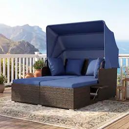 Costway - Patio Rattan Daybed Lounge Retractable Top Canopy Side Tables Cushions - Mix Brown + Navy
