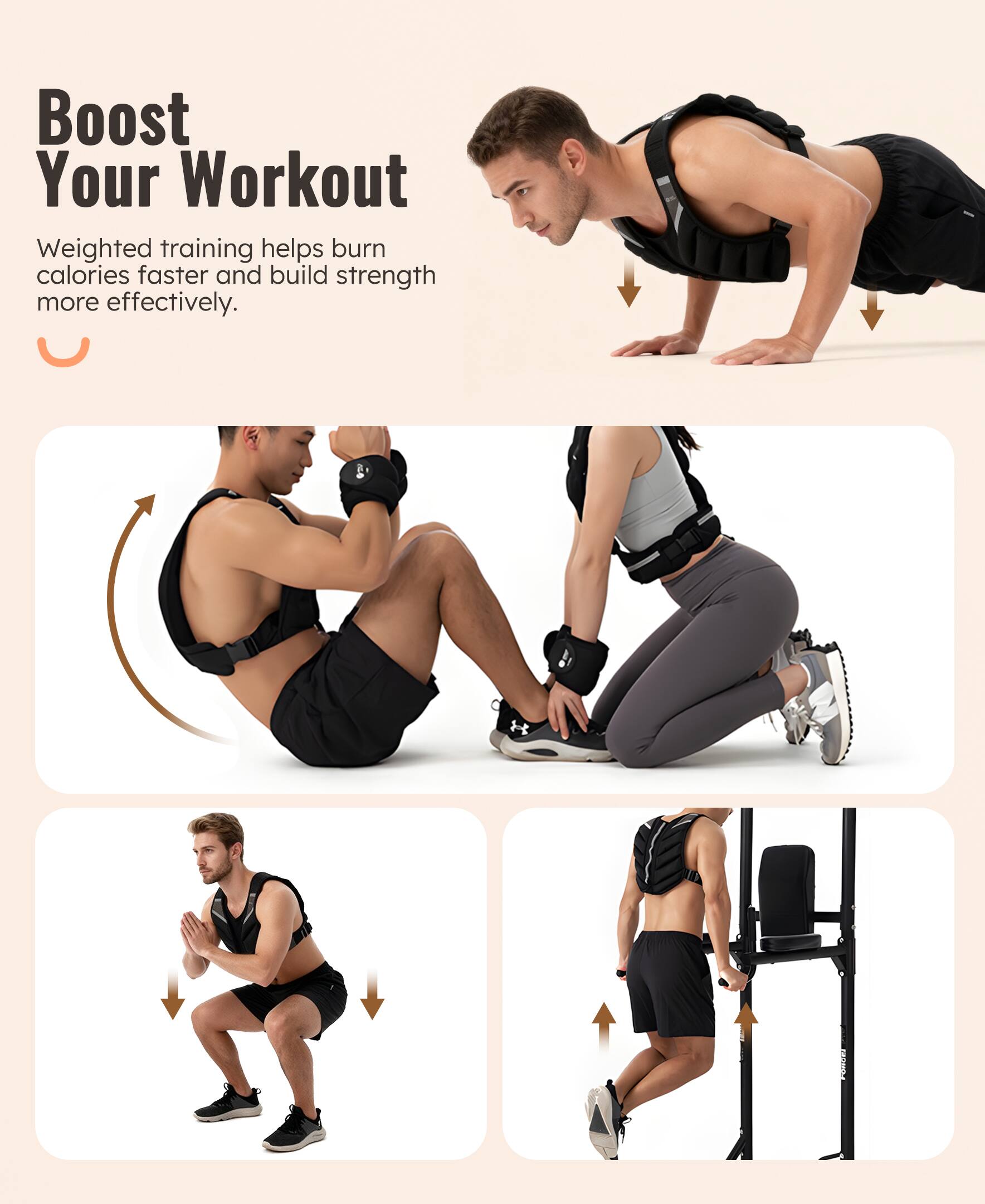 Boost Your Workout

Weighted training helps burn calories faster and build strength more effectively.