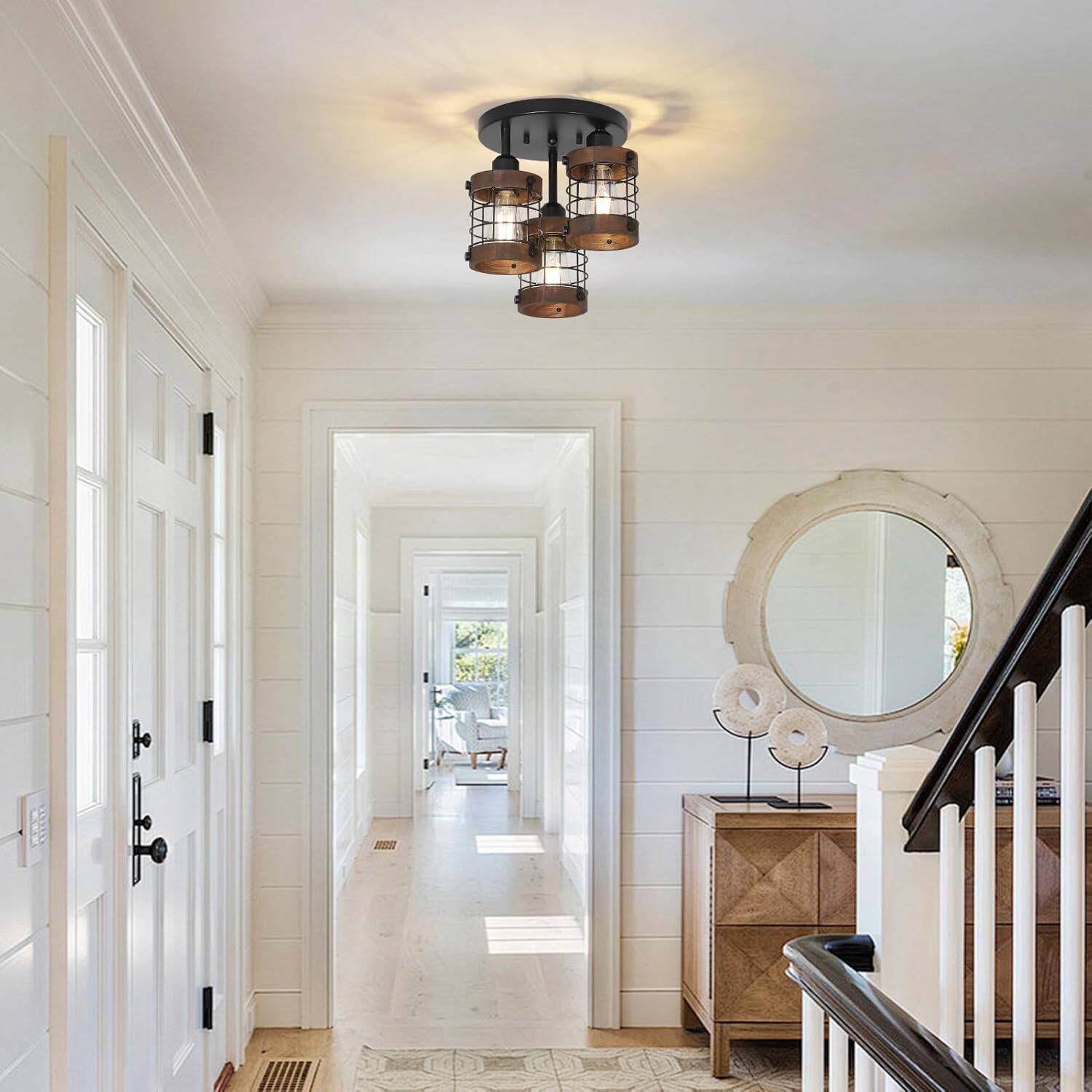 Alt View 5. Z-Edge - Semi Flush Mount Ceiling Light,3-Light Farmhouse Chandelier Light Fixtures Ceiling Mount for Dining Room Kitchen Bedroom - Brown.