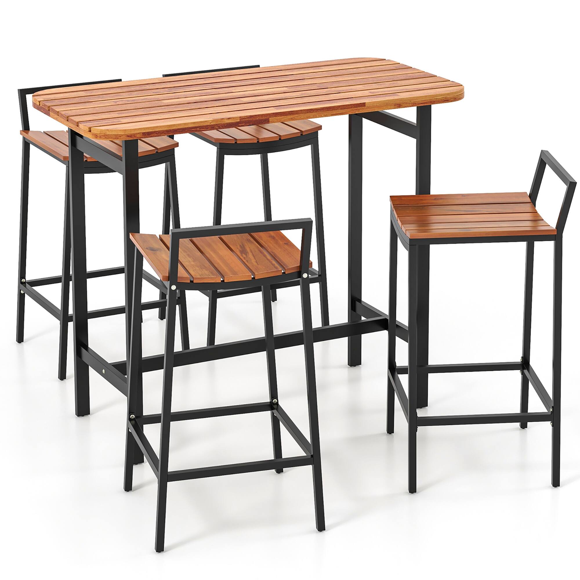 Alt View 9. Gymax - Gymax Acacia Wood Patio Table & Chair Set 5 Pcs Outdoor Dining Set w/ 1 Table & 4 Bar Height Chairs - Natural, Black.