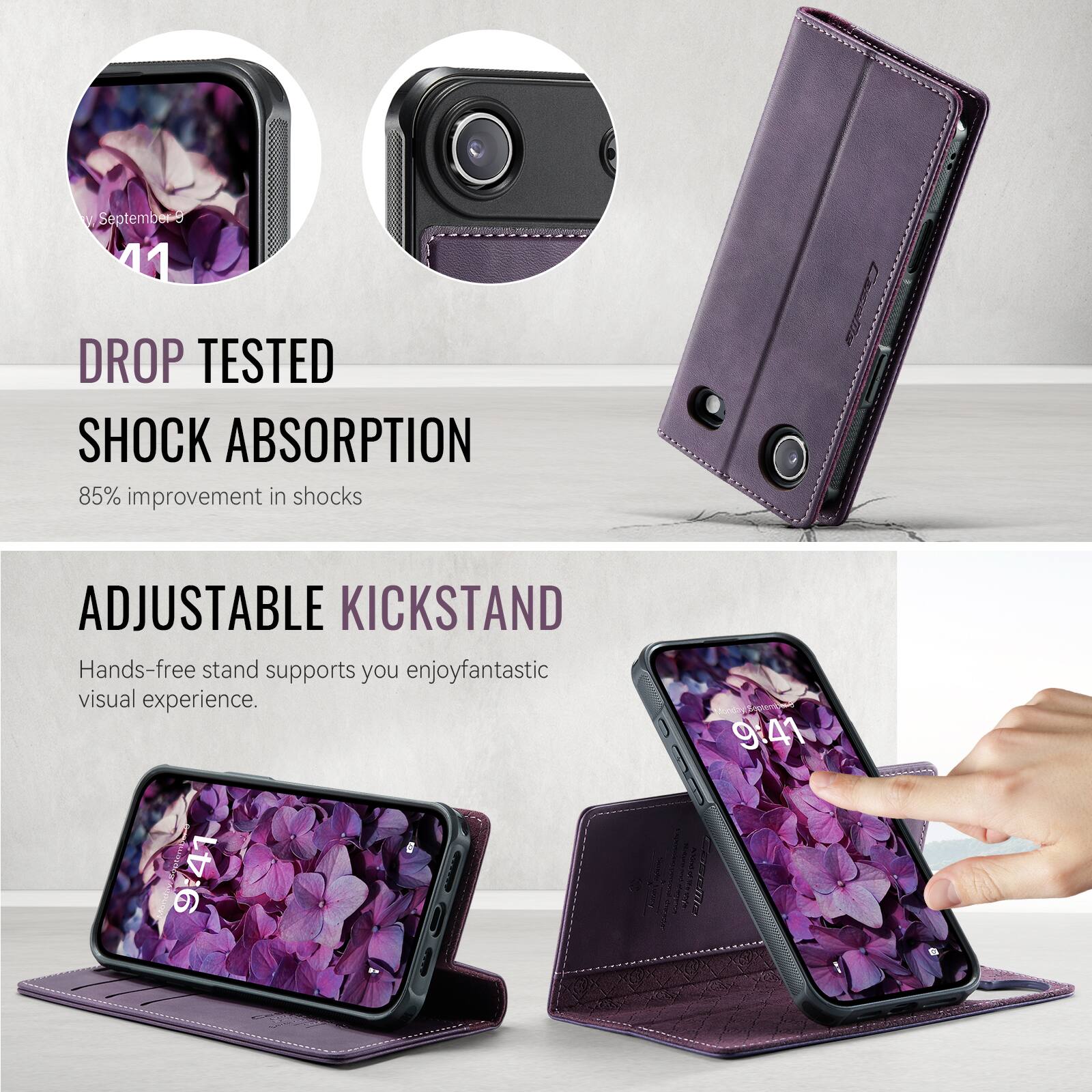 - September 41
- DROP TESTED
- SHOCK ABSORPTION
- 85% improvement in shocks
- ADJUSTABLE KICKSTAND
- Hands-free stand supports you enjoy fantastic visual experience.