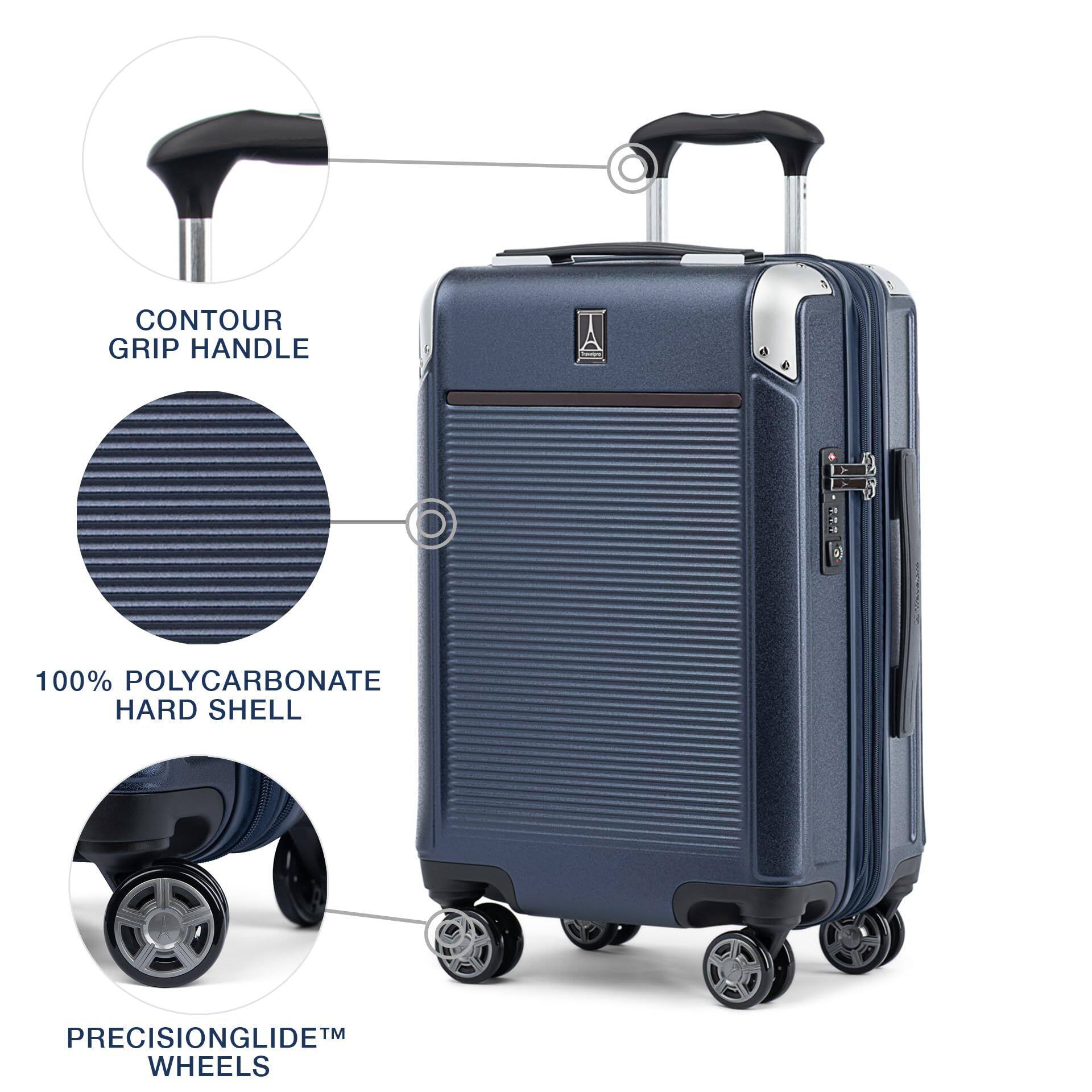 CONTOUR GRIP HANDLE  
100% POLYCARBONATE HARD SHELL  
PRECISIONGLIDE™ WHEELS