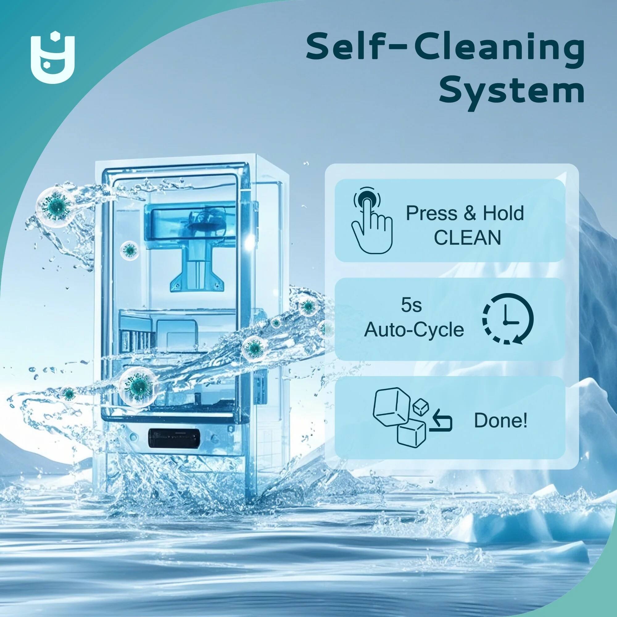 Self-Cleaning System

Press & Hold CLEAN

5s Auto-Cycle

Done!