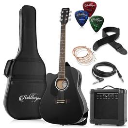 Ashthorpe - 41-in Left Hand Dreadnought Cutaway Acoustic Electric Guitar - 10W Amp - Black
