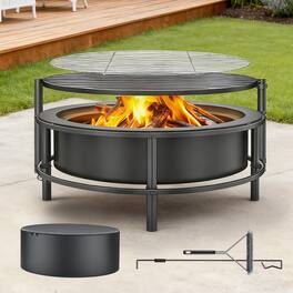 TMWINGS - 52" Fire Pits for Outside Wood Burning, Round Outdoor Fire Pit with Rotating Table, BBQ Grill, Poker & Waterproof Cover