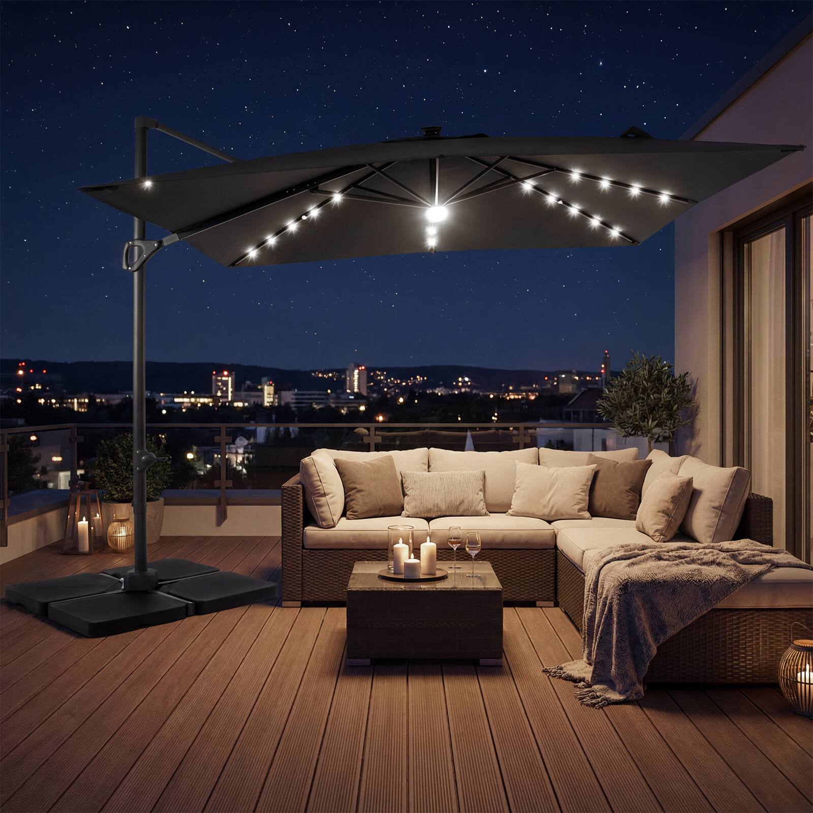 Alt View 1. Gymax - Gymax 10 FT Cantilever Outdoor Umbrella w/ 32 Solar LED Lights & 220 LBS Base Gray & Black - Gray.