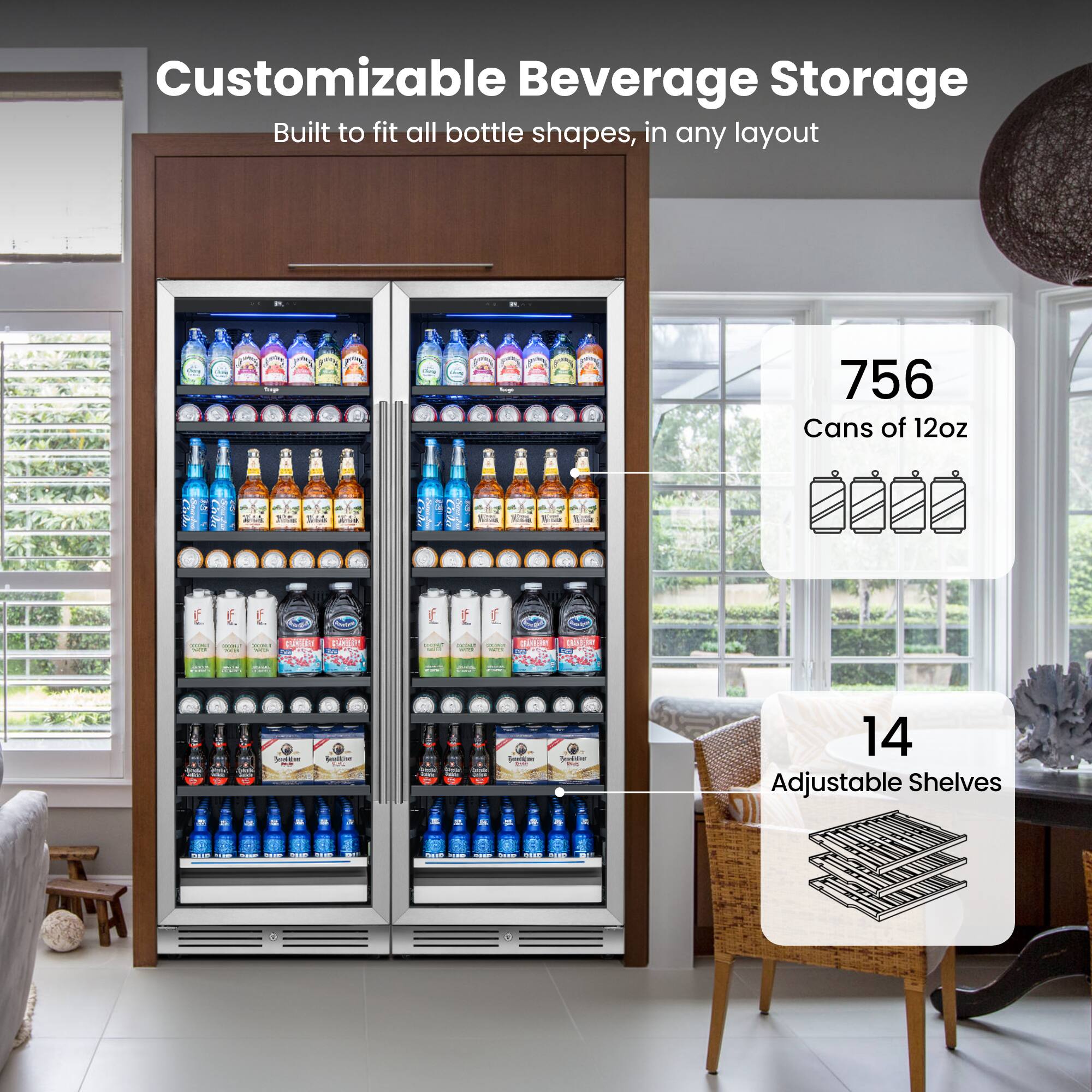 Customizable Beverage Storage  
Built to fit all bottle shapes, in any layout  

756 Cans of 12oz  

14 Adjustable Shelves