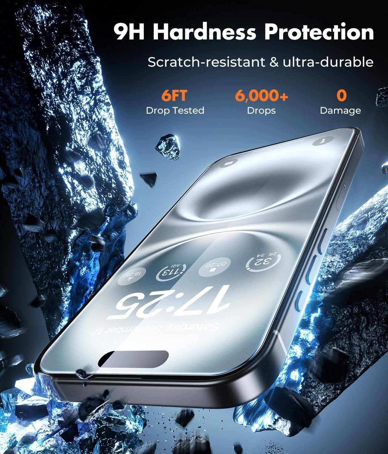 9H Hardness Protection  
Scratch-resistant & ultra-durable  
6FT Drop Tested  
6,000+ Drops  
0 Damage  

34 26 AQI  
07:20  
32 a  
18:25  
113  
17:25  
17 September Saturday