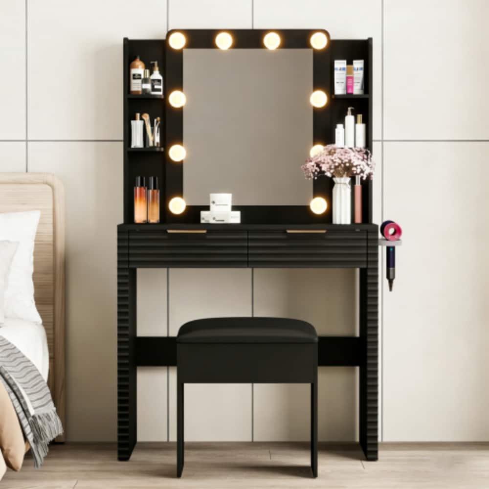 LUCKY ONE - Makeup Vanity Desk w/ 10 Hollywood Bulbs Charging Station 2 Drawers 4 Shelves - Black