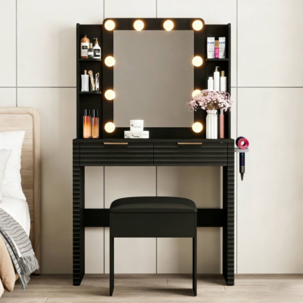 Front. LUCKY ONE - Makeup Vanity Desk w/ 10 Hollywood Bulbs Charging Station 2 Drawers 4 Shelves - Black.