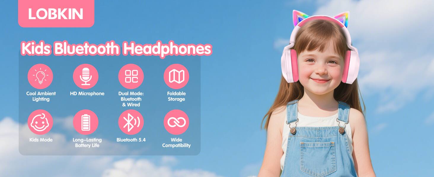 LOBKIN Kids Bluetooth Headphones Cool Ambient Lighting HD Microphone Dual Mode: Bluetooth & Wired Foldable Storage Kids Mode Long-Lasting Battery Life Bluetooth 5.4 Wide Compatibility