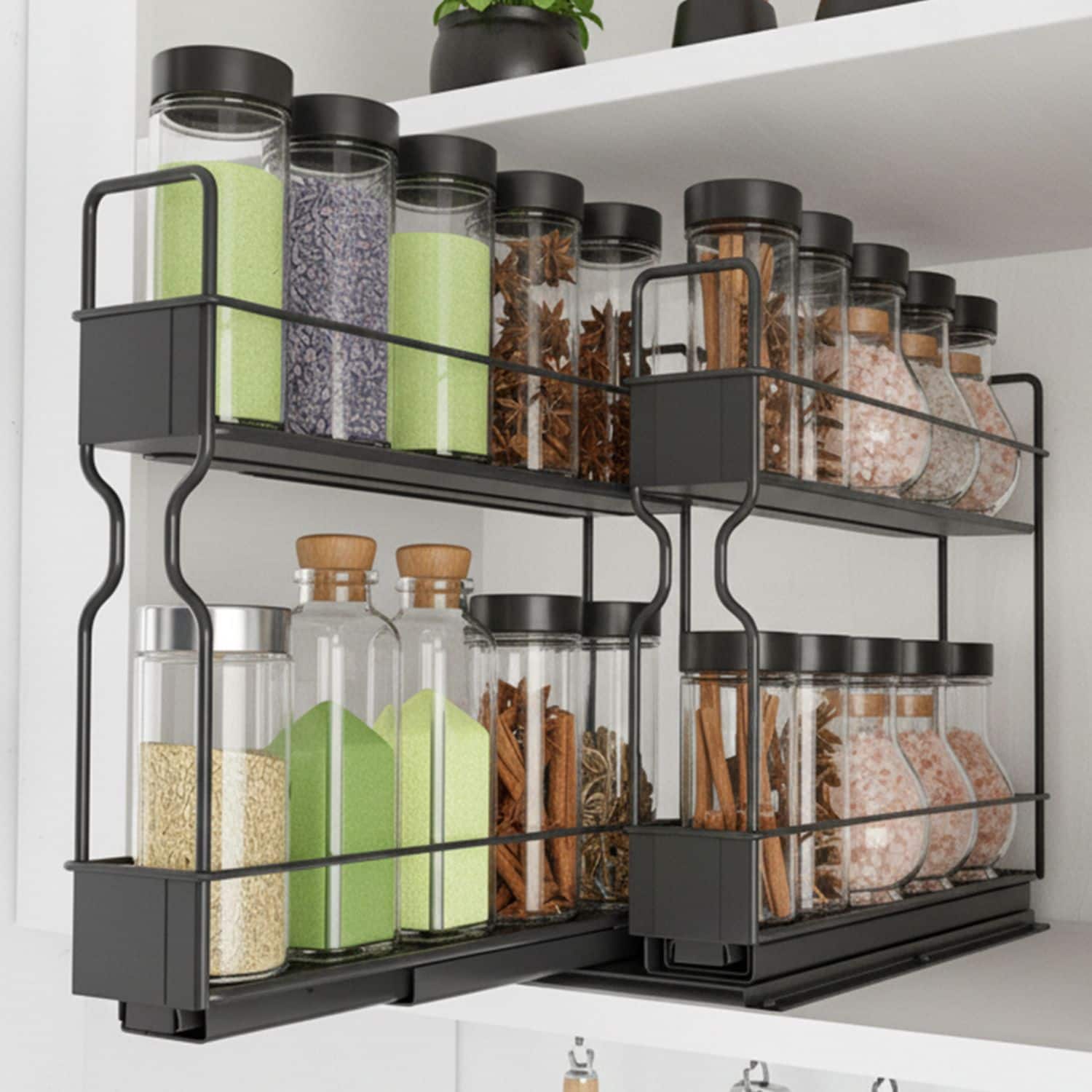 Front. Tooloton - Pull Out Spice Rack Organizer with 2 Drawers, Heavy Duty Slide Out Cabinet Organizer with Labels - Black.