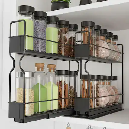 Front. Tooloton - Pull Out Spice Rack Organizer with 2 Drawers, Heavy Duty Slide Out Cabinet Organizer with Labels - Black.