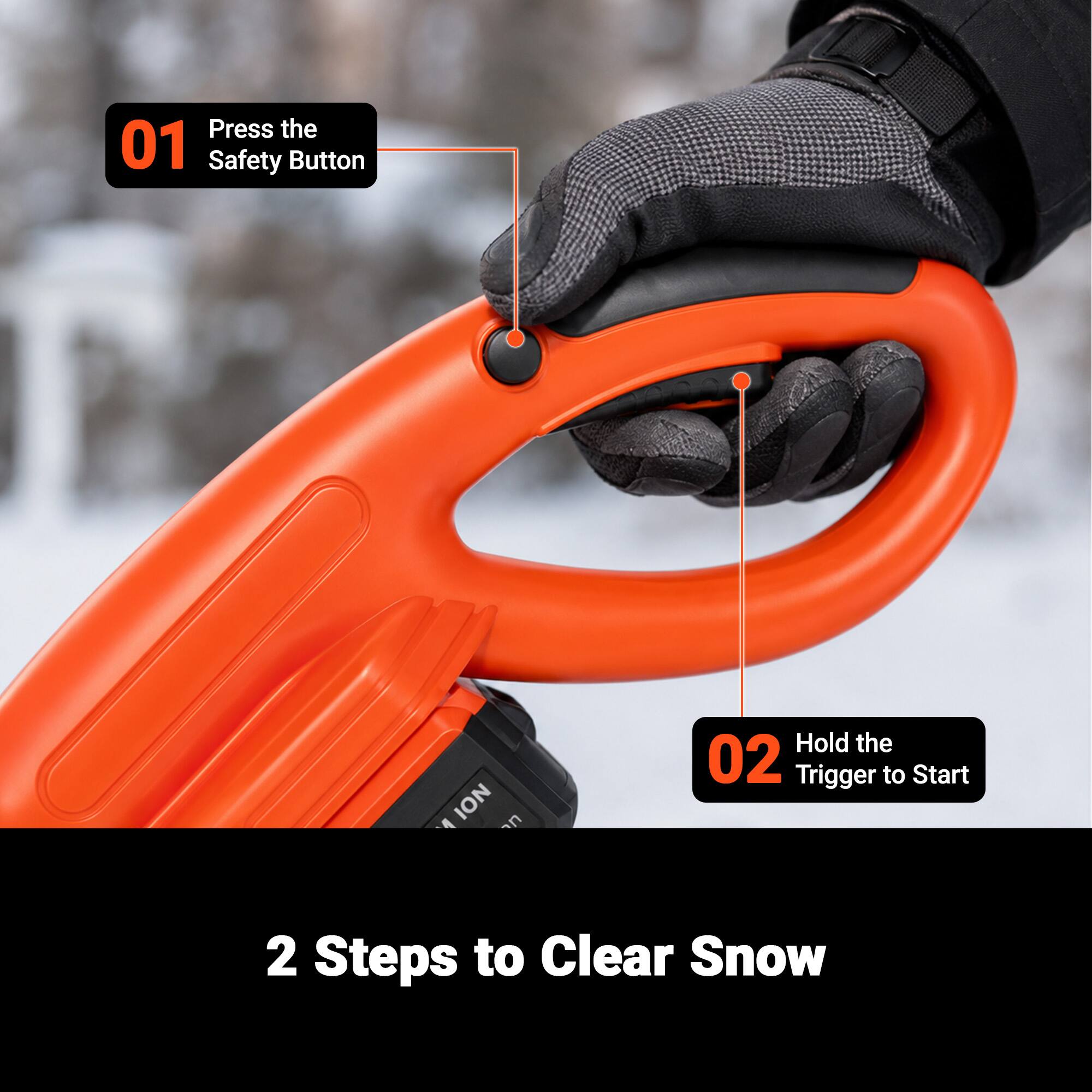 Press the 01 Safety Button  
Hold the 02 Trigger to Start  
2 Steps to Clear Snow