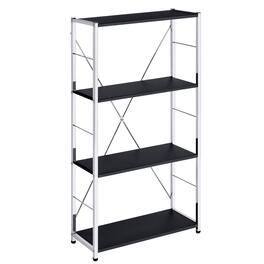 Spaco - Modern Chrome 4-Tier Bookshelf, Rectangular Design with X-Brace, Ample Storage for Living Room Office Decor - Black+Silver