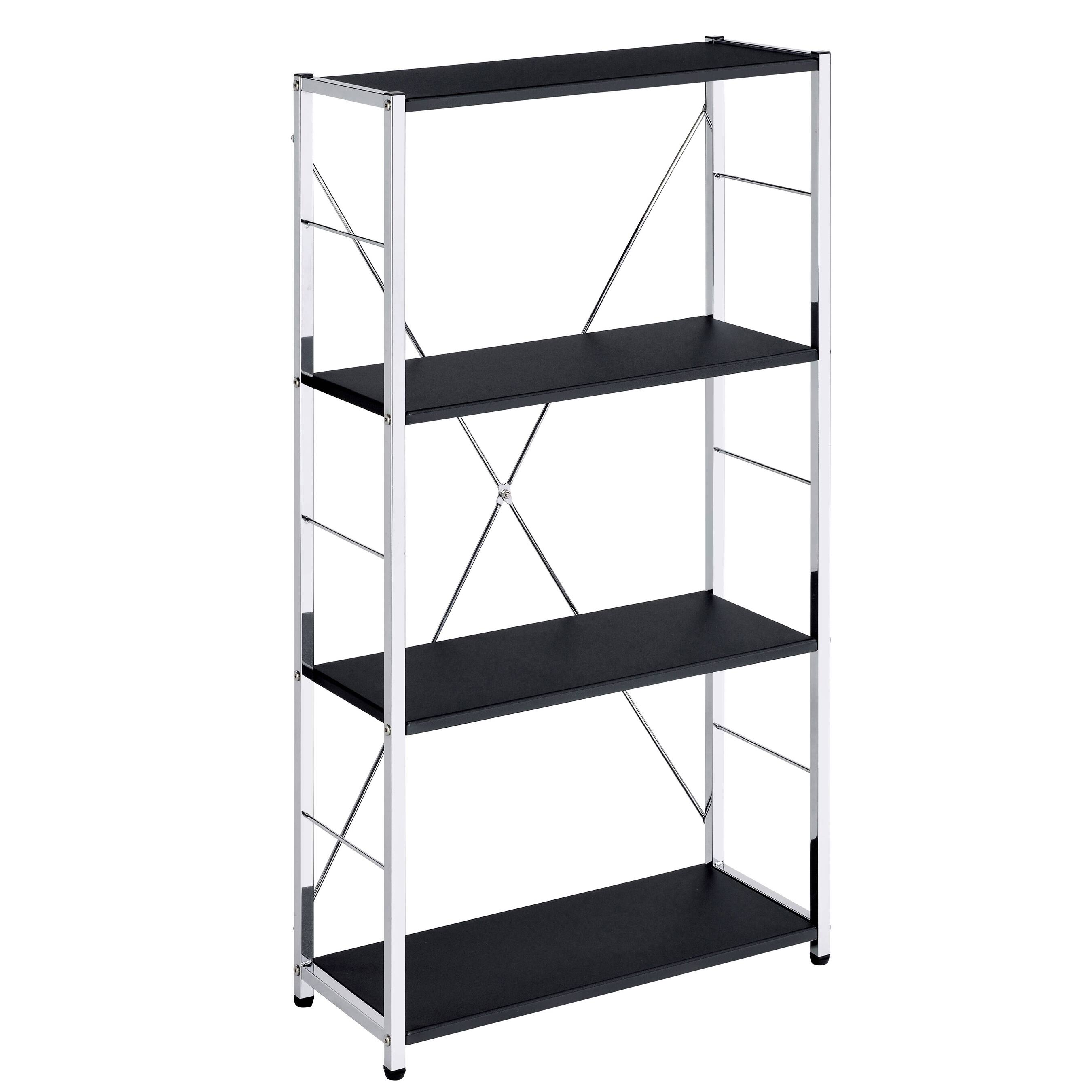 Front. Spaco - Spaco Modern Chrome 4-Tier Bookshelf, Rectangular Design with X-Brace, Ample Storage for Living Room Office Decor - Black+Silver.
