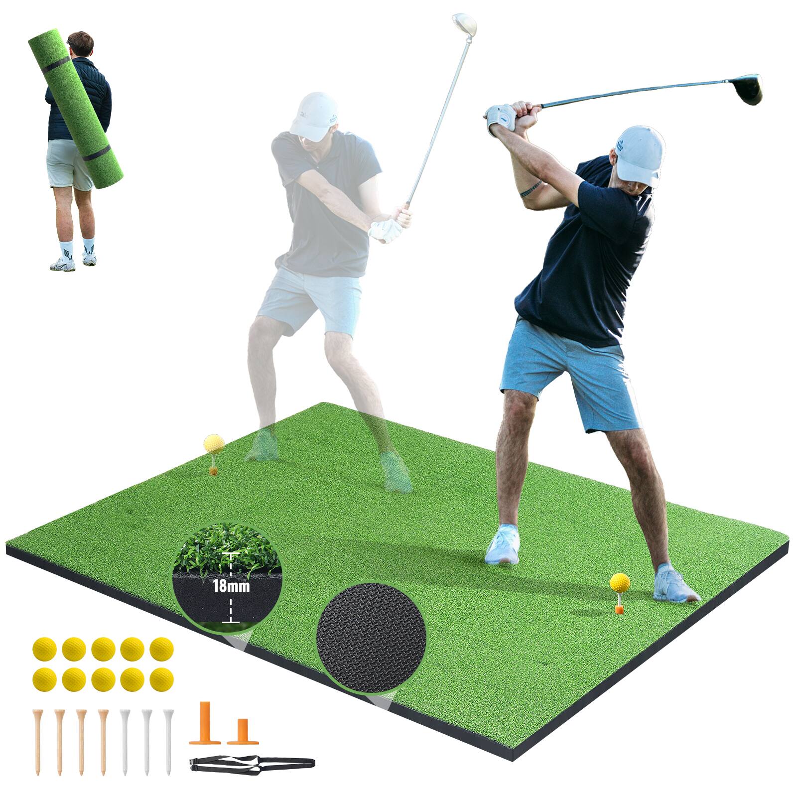 Front. VEVOR - Golf Hitting Mat, 5x4ft Artificial Turf Golf Hitting Mat, Golf Hitting Training Aids with 10 Golf Balls, 9 Golf Tees - Green.