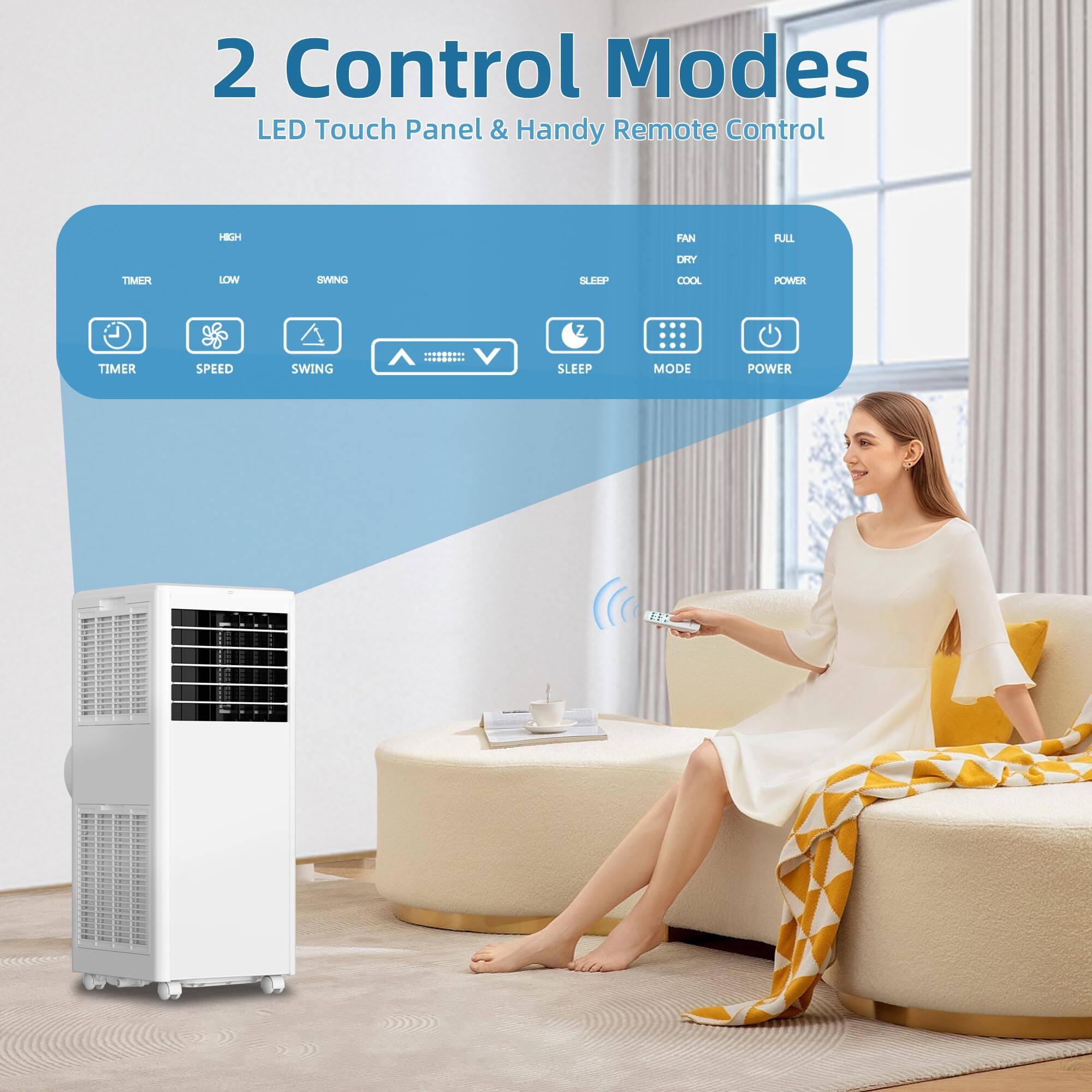 2 Control Modes  
LED Touch Panel & Handy Remote Control  

- TIMER  
- SPEED  
- SWING  
- SLEEP  
- MODE  
- POWER  

- FAN  
- DRY  
- COOL  
- FULL  
- SLEEP  
- POWER