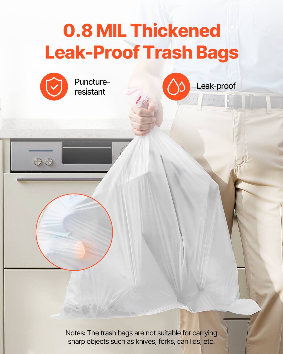 0.8 MIL Thickened Leak-Proof Trash Bags

- Puncture-resistant
- Leak-proof

Notes: The trash bags are not suitable for carrying sharp objects such as knives, forks, can lids, etc.