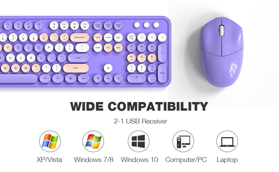 FS F6 F7 F8 F9 F10 F11 F12 Print SysRq Scroll Lock Pause Break 6 & 7 8 9 0 - = Backspace Insert Home PgUp Num Lock / * - Y U I O P { } | 1 2 3 4 5 6 7 8 9 0 - . Enter G H J K L ; ' Shift A 1 2 3 4 5 6 7 8 9 0 - ? Alt Fn Ctrl

WIDE COMPATIBILITY
2-1 USB Receiver
XP/Vista Windows 7/8 Windows 10 Computer/PC Laptop