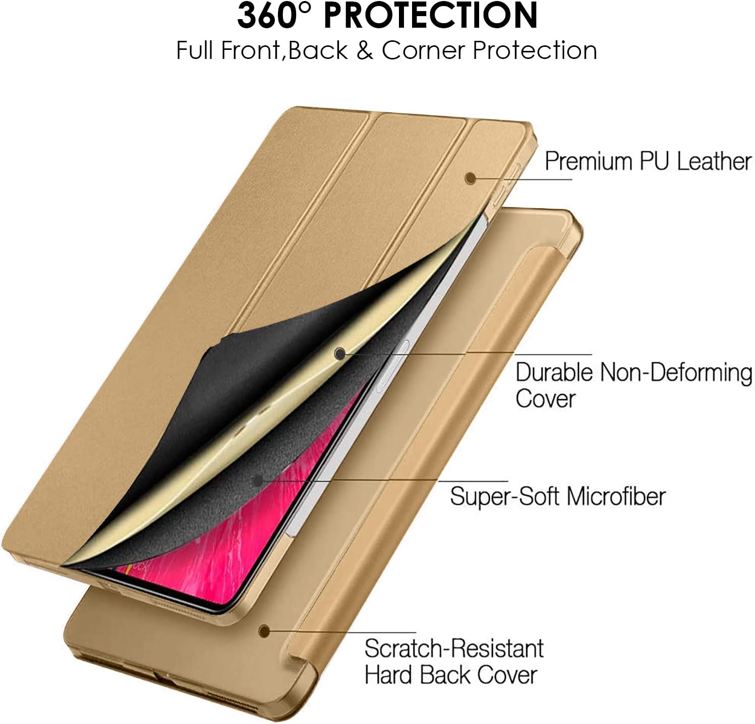 360° PROTECTION  
Full Front, Back & Corner Protection

Premium PU Leather  
Durable Non-Deforming Cover  
Super-Soft Microfiber  
Scratch-Resistant Hard Back Cover
