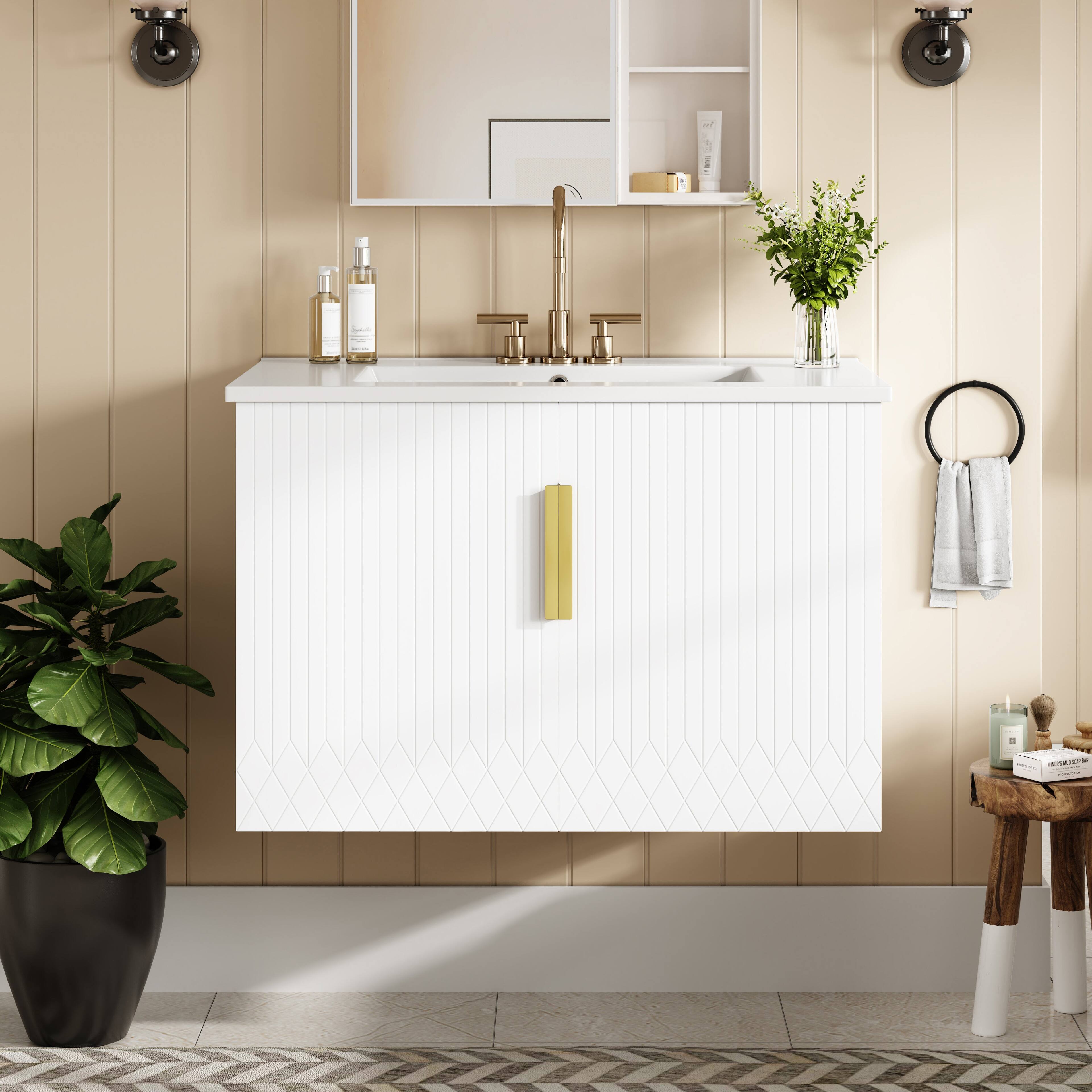 Alt View 3. Boyel Living - 30 Inch Vintage Wall Mounted Bathroom Vanity with Ceramic Sink Dual Doors White - White.