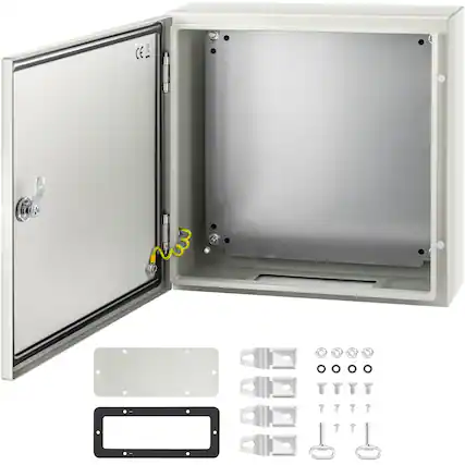 Front. VEVOR - NEMA Steel Enclosure, 16 x 16 x 6 in, NEMA 4X Steel Electrical Box, IP66 Waterproof & Dustproof - Gray White.