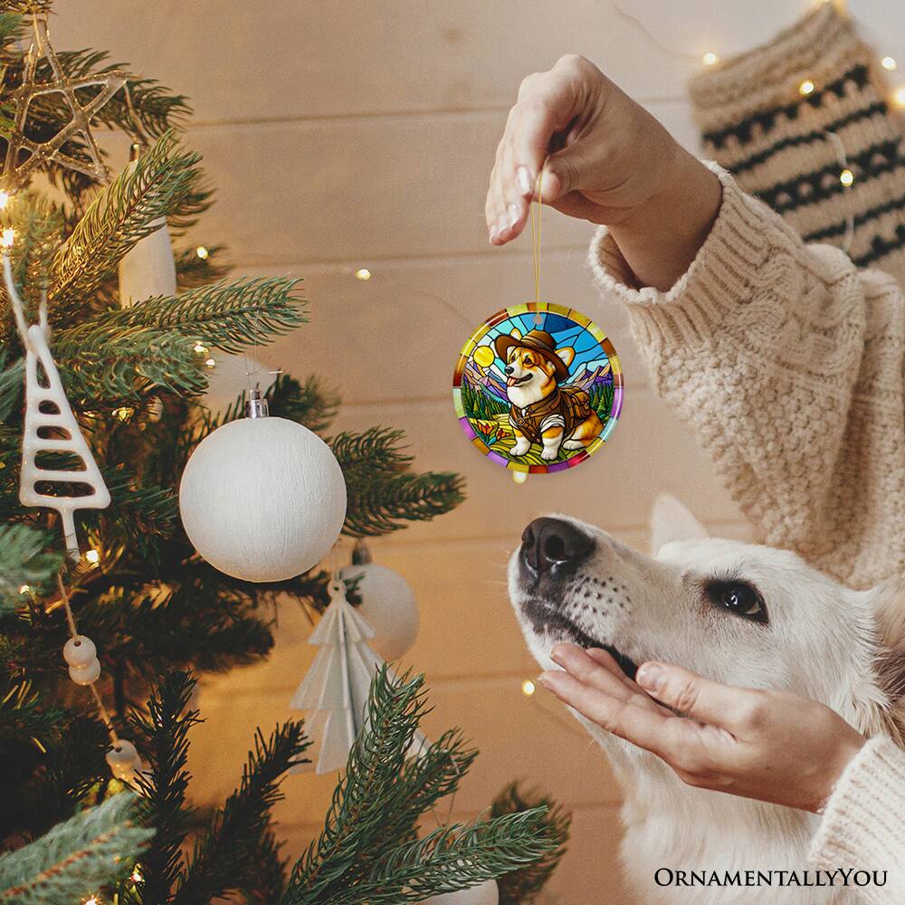 Alt View 1. OrnamentallyYou - Corgi Adventurer Stained Glass Style Ceramic Ornament Adorable Christmas Gift and Decor - Multi-colored.