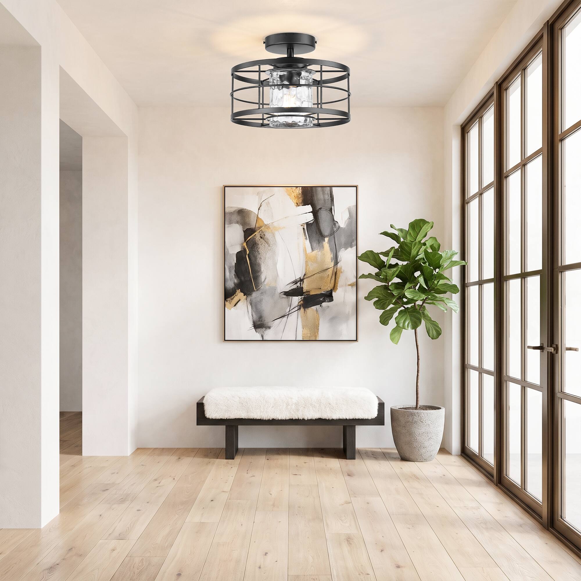 Left. Parrot Uncle - 11-Inch Modern Caged Glass 1-Light Semi-Flush Mount Ceiling Light - Black.
