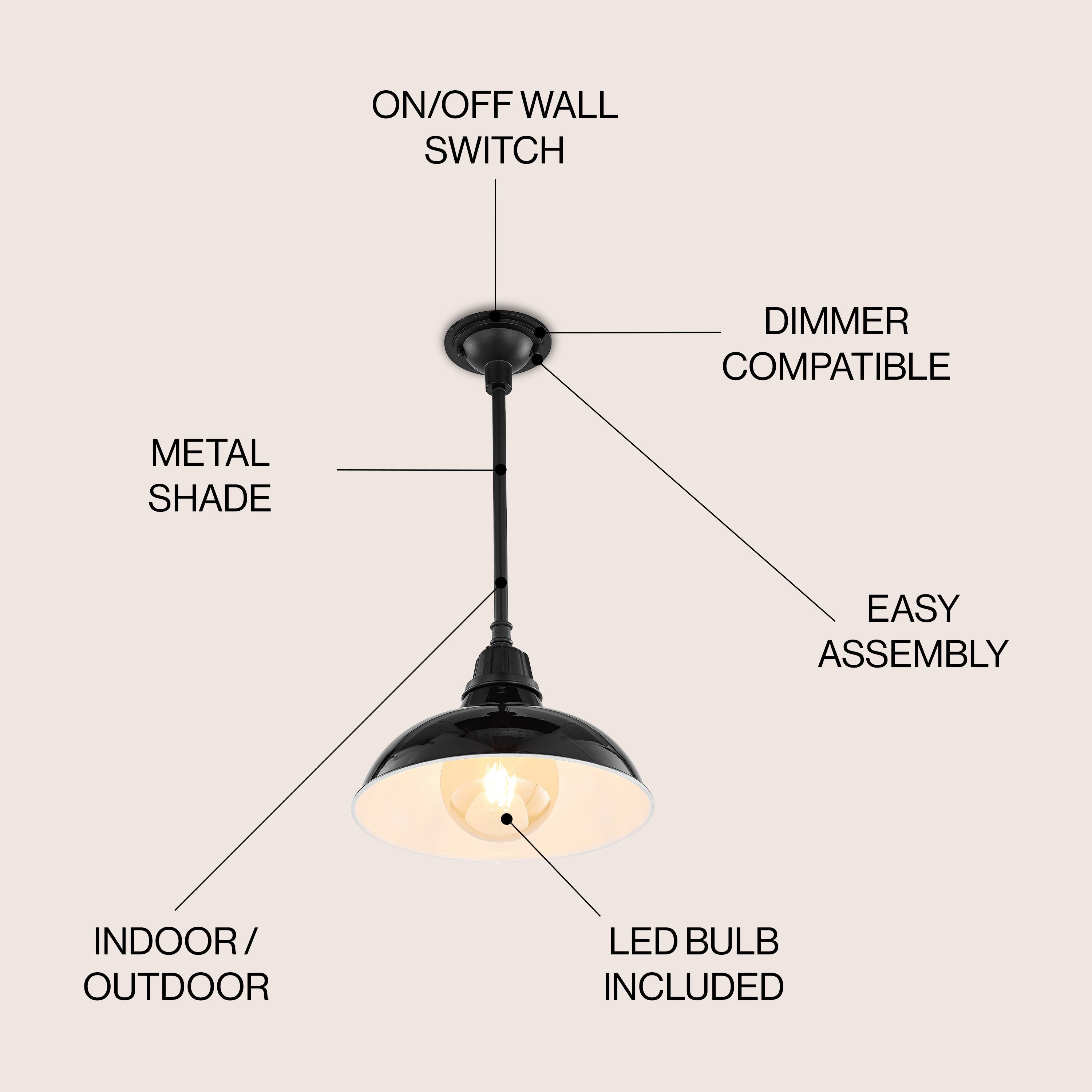 ON/OFF WALL SWITCH  
DIMMER COMPATIBLE  
METAL SHADE  
EASY ASSEMBLY  
INDOOR/OUTDOOR  
LED BULB INCLUDED