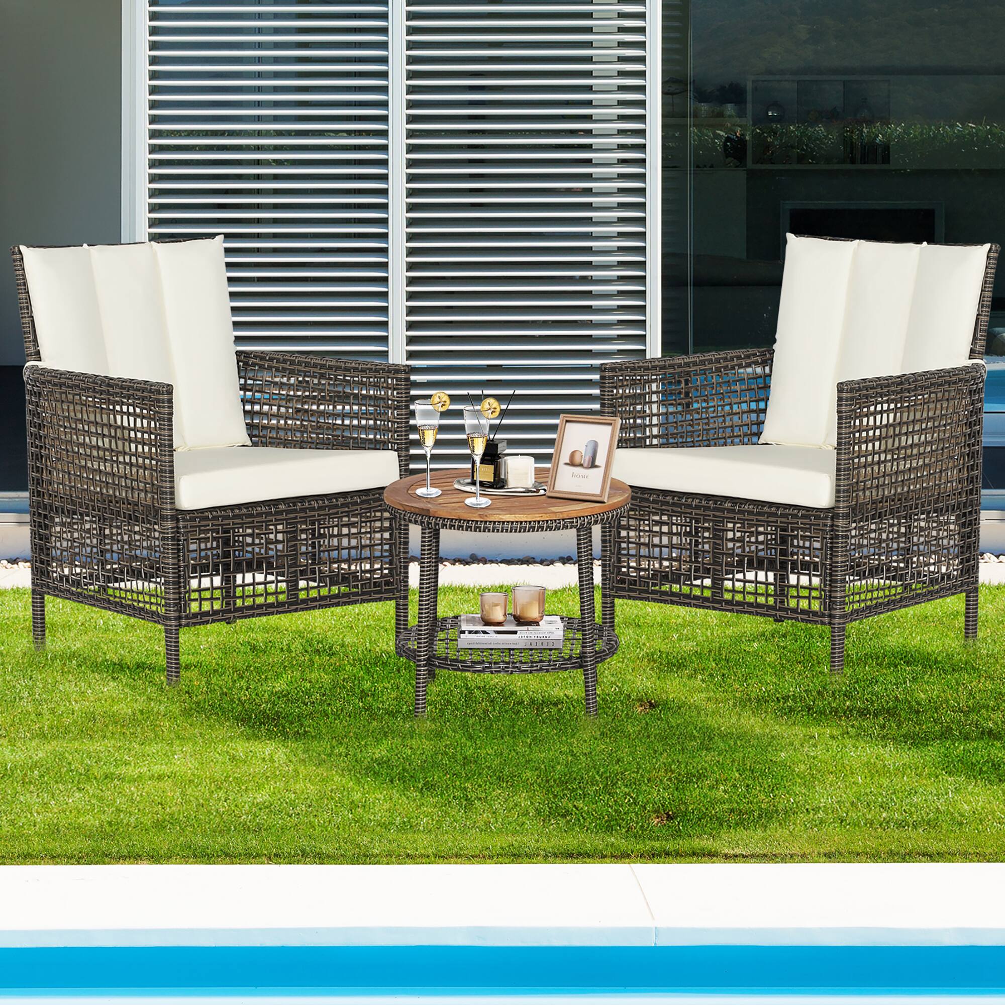 Alt View 1. Costway - Costway Patiojoy 3PCS Patio Rattan Furniture Set Cushioned Sofas Wood Table Top W/Shelf - Mix Black,Brown,Off White.