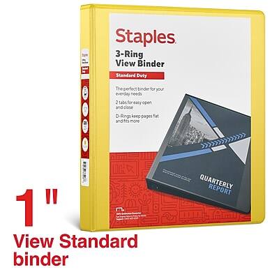 Staples  
3-Ring View Binder  
Standard Duty  

The perfect binder for your everyday needs  
2 tabs for easy open and close  
D-Rings keep pages flat and fits more  
1" C View Standard binder  

QUARTERLY REPORT  

1"  
View Standard binder