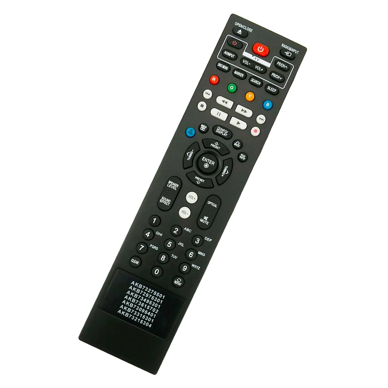 OPEN/CLOSE  
AV/INPUT  
RADIO/INPUT  
VOL-  
TV  
DISC/MENU  
VOL+  
PRICHA  
R  
MARKER  
PRICHV  
JEARCH  
G  
SLEEP  
144  
Y  

**did BURCH PRESET & You - ENTER PRESET TUNING+ SPEAKER v LEVEL SOUND VOL+ EFFECT OPTICAL VOL- 1 oz MUTE GHI 2 ABC 4 3 DEF 7 PQRS 5 JKL 8 TUV 6 MNO CLEAR 0 9 WXYZ REPEAT  

AKB73615702  
AKB73275501  
AKB73215304