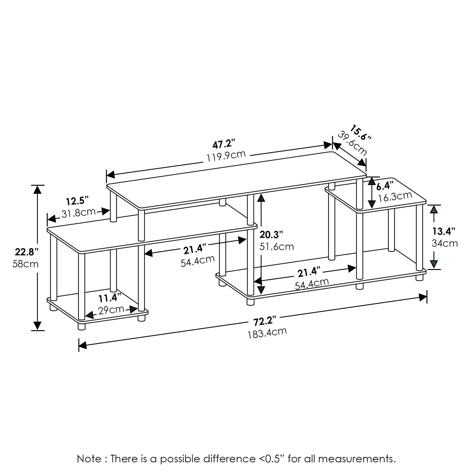 47.2" (119.9cm)  
12.5" (31.8cm)  
22.8" (58cm)  
11.4" (29cm)  
21.4" (54.4cm)  
20.3" (51.6cm)  
21.4" (54.4cm)  
72.2" (183.4cm)  
6.4" (16.3cm)  
13.4" (34cm)  
15.6" (39.6cm)  
3.6" (9.1cm)  
13.4" (34cm)  
Note: There is a possible difference <0.5" for all measurements.