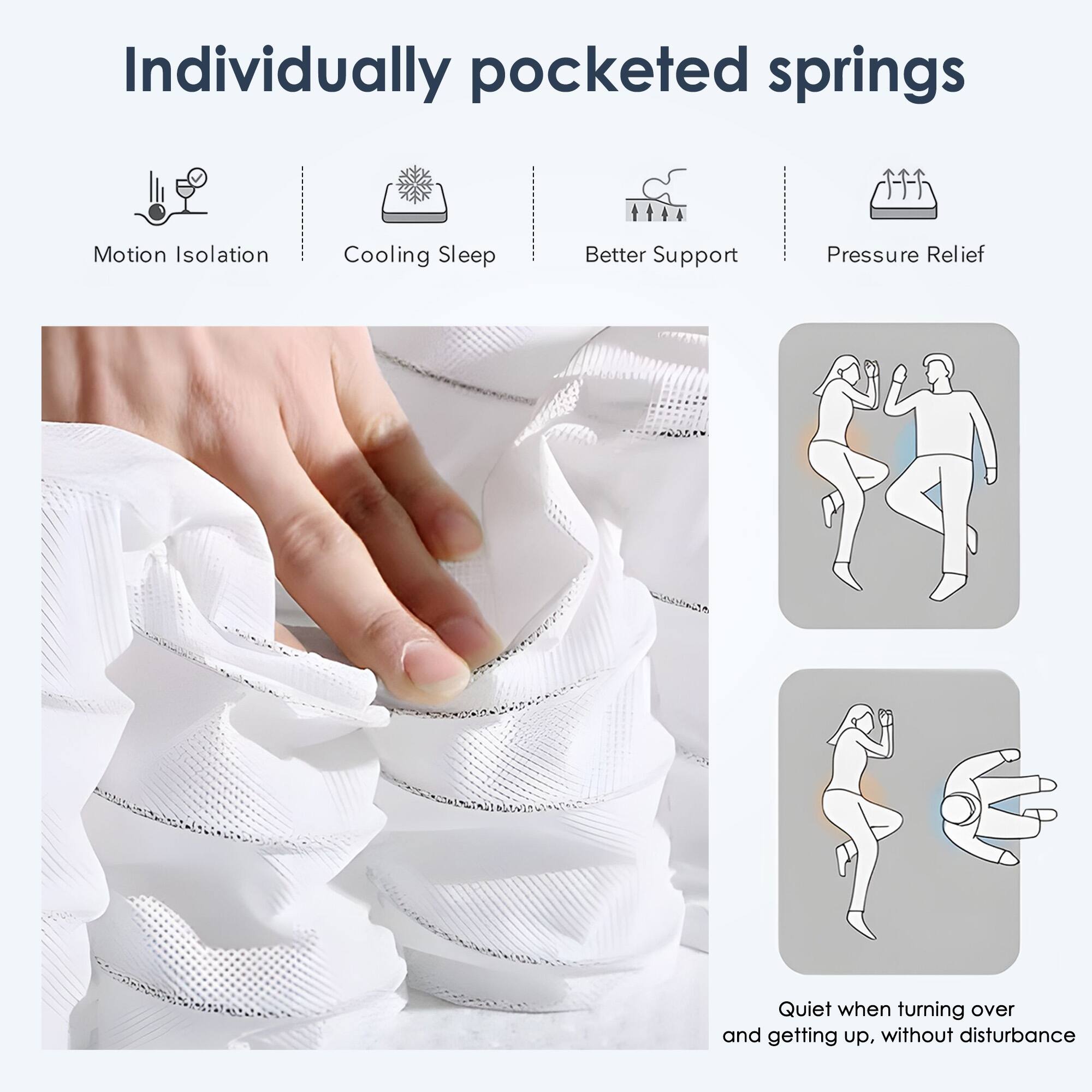 Individually pocketed springs

- Motion Isolation
- Cooling Sleep
- Better Support
- Pressure Relief

Quiet when turning over and getting up, without disturbance
