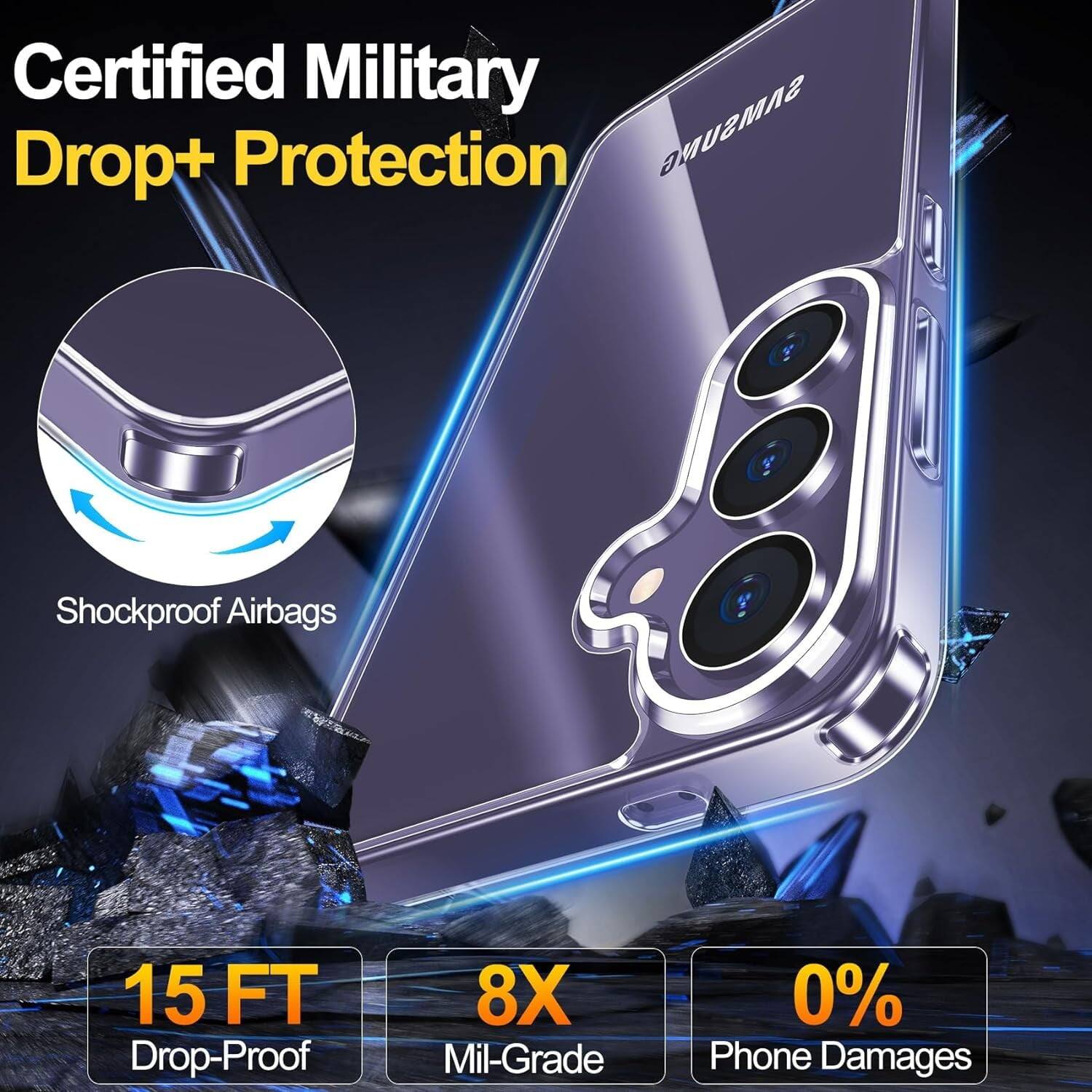 Certified Military Drop+ Protection, Shockproof Airbags, 15 FT Drop-Proof, 8X Mil-Grade, 0% Phone Damages