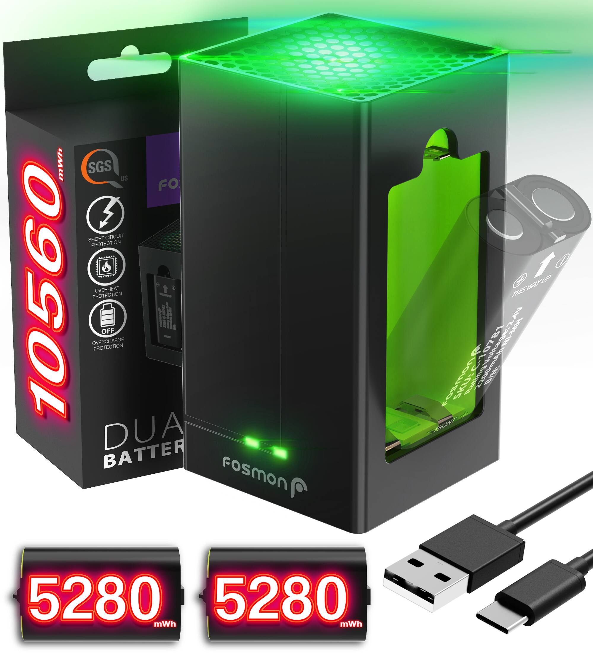 Fosmon - Xbox Controller Battery Pack Rechargeable, Xbox Battery Pack, Xbox Series X Charging Station Dock for Xbox One S One X - Black