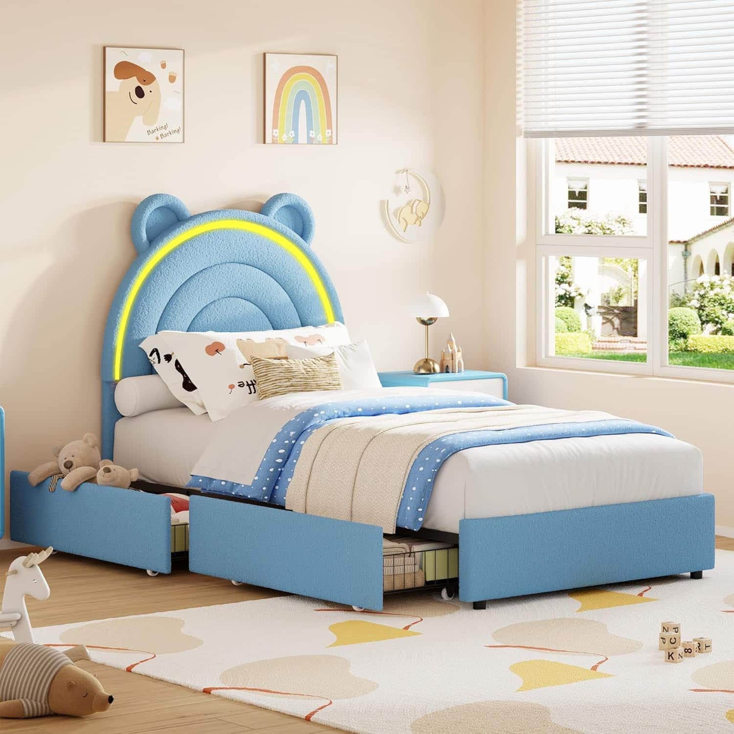 GARVEE - Twin Princess Bed Frame with 4 Storage Drawers & LED Lights, Fun & Practical Bed for Kids - Blue