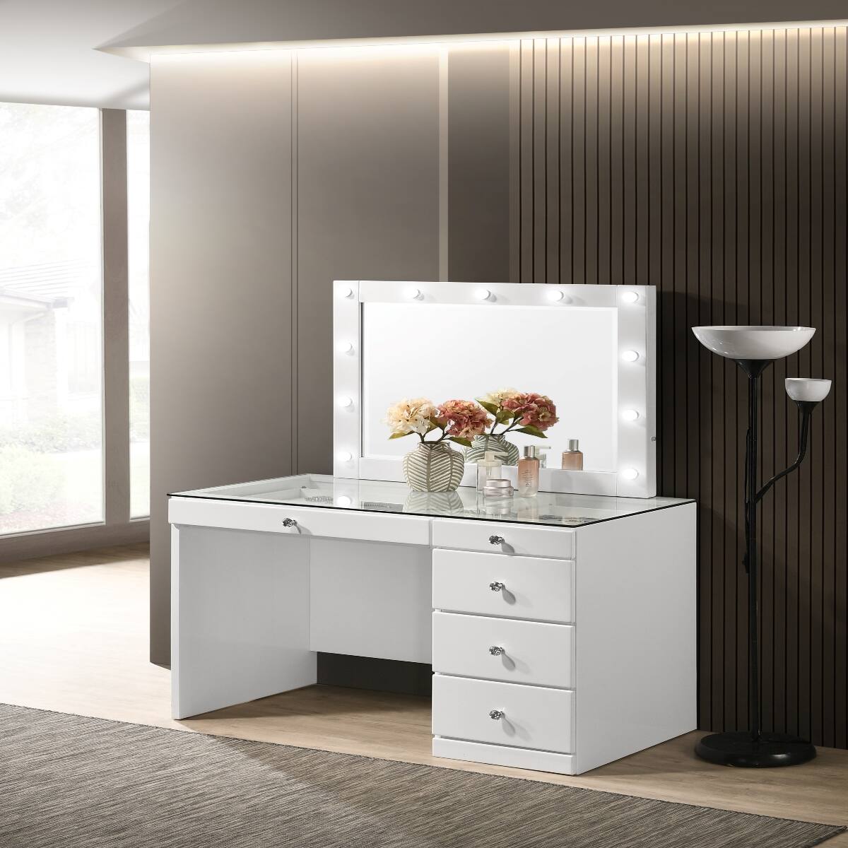 Alt View 2. Loheer - Loheer White Makeup Vanity Table with Glass Top and Five Drawers - White.