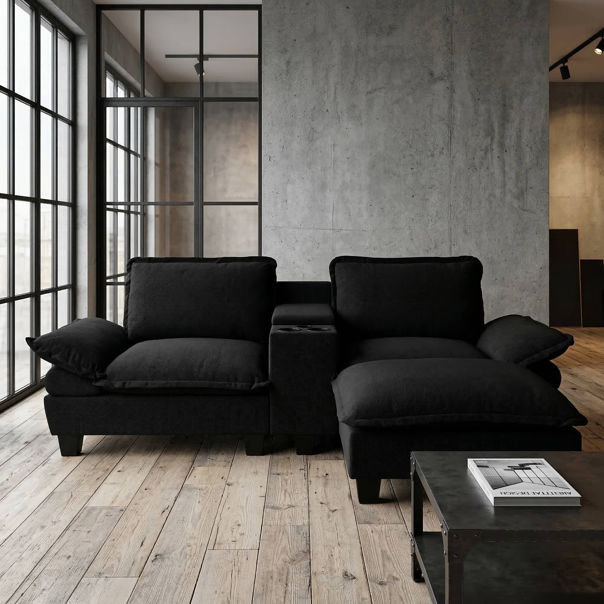 Back. Anysun - L-Shape Chenille Cloud Couch with USB, Cup Holders & Storage - 1 Ottoman & 2 Pillows for Apartment & Living Room - Black.