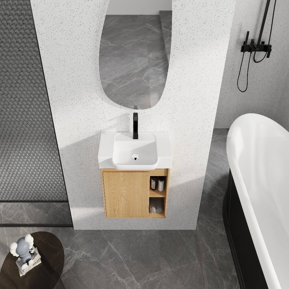 Alt View 2. Loheer - Loheer 24 inch wall mounted bathroom vanity Light Oak Floating Vanity with White Ceramic Sink - Light Oak.